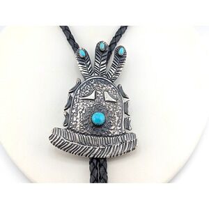 Navajo Yei Bi Chei Turquoise Bolo Tie Handcrafted Sterling Silver‎ Leather**